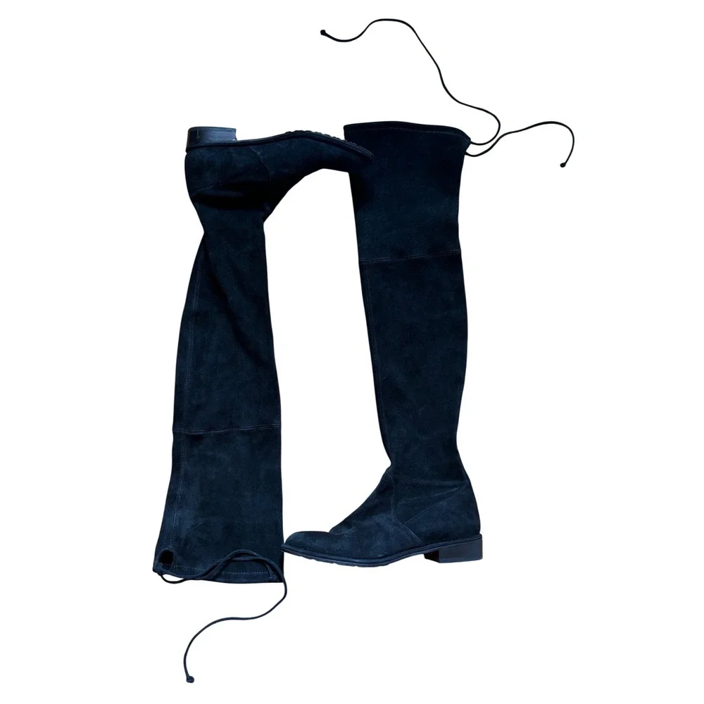 Stuart Weitzman‎ Lowland Black Suede Over The Knee Boots Flat Tie Back 6.5